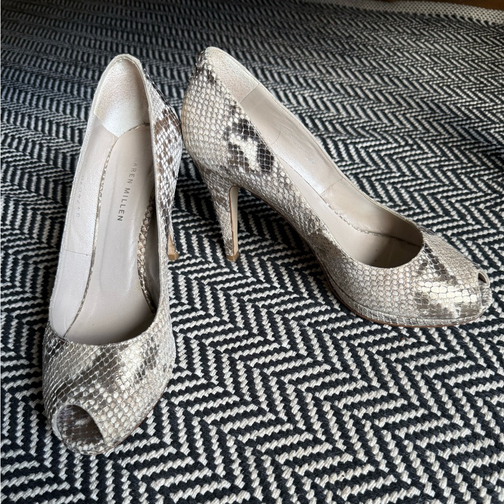 Karen Millen Leather Snakeskin Women’s Pumps High Heels Metallic Neutral 39 8